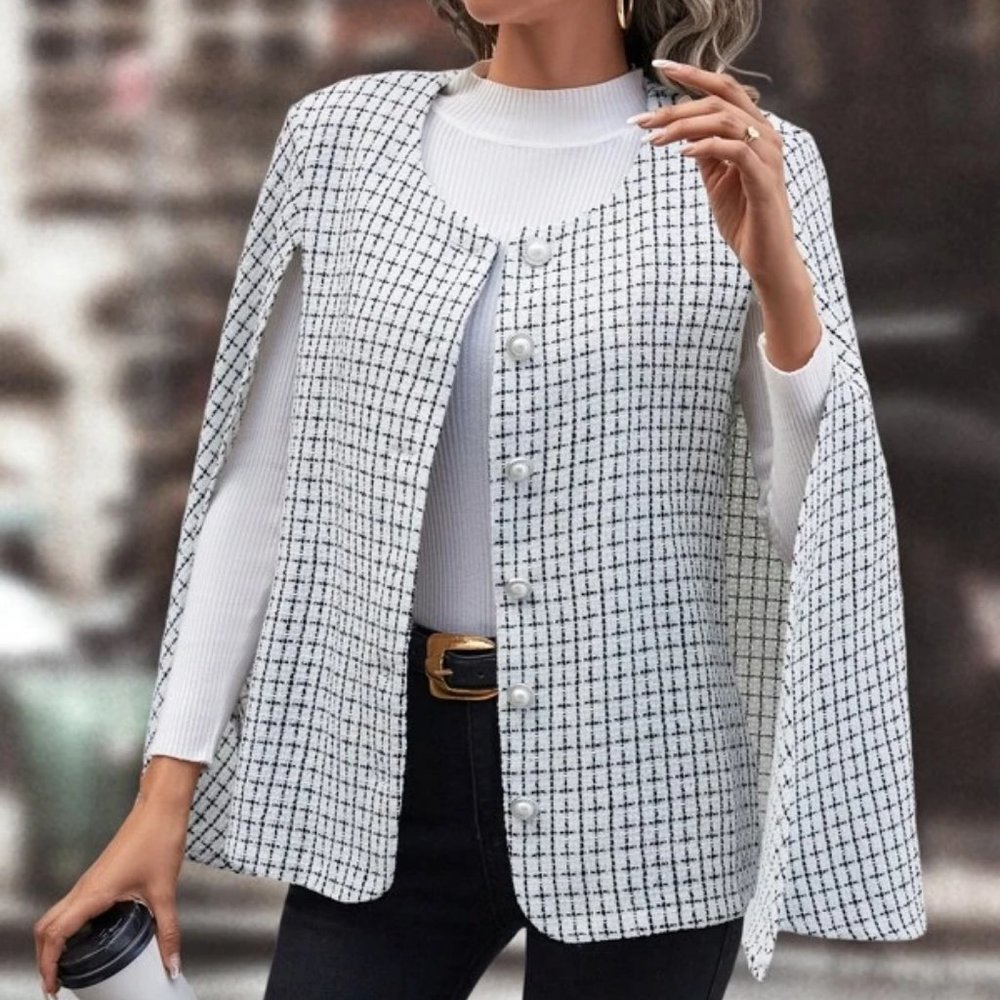 Elegant Cloak Sleeve Plaid Print white Cape Overcoat - Picture 4 of 6